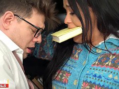 Quick cum in panties in the college study room leads to petite girl getting dripped on