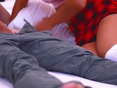 Stepmom and her teenage stepdaughter's athletic friend at a cozy hotel