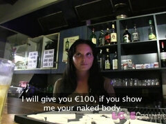 Watch how this horny bar maid gets her pussy filled with hot jizz on the bar table
