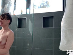 Alison Rey gets her natural brunette pussy pounded by James Deen in the shower