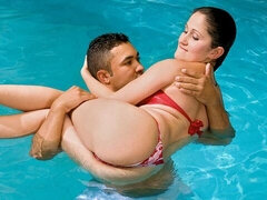 Outdoor poolside fuck with a busty brunette Bia Marques