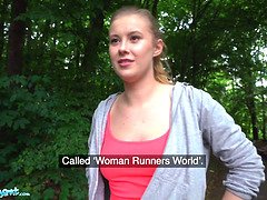 Casey the runner in tight leggings gets her shaved pussy pounded in public