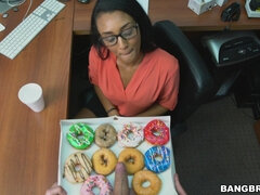 Grosser schwanz, Braunhaarige, Schwanz, Schwarz, Brille, Büro, Pov, Sekretärin