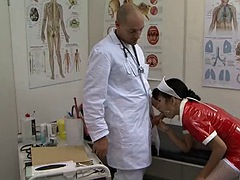 Asian latex nurse is stretched by big cock