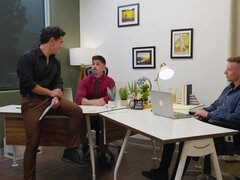 Tattooed lad is having a threesome in the office space