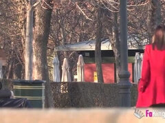 Sucer une bite, Tir de sperme, Européenne, Lunettes, De plein air, Public, Rousse roux, Espagnole