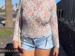 My husband dared me to flash my pussy outdoors in the city - Alicia Morea shows off her big natural tits and hairy pussy in public!