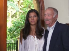 Hispanic hottie taking care of two old men all at once