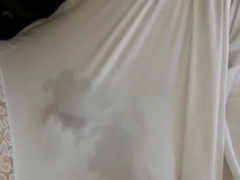 White nylon slip wank & cum 6