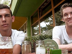 Beer-chugging Czech twinks in a public 3some