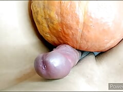 Hands-free pumpkin masturbation cream pie on stomach