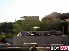 Blonde twink Tyler Thayer jerking his cock near the pool