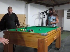 three engaged players frolicking pool for a reward of their caboose