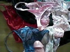Shooting cum on her panties while listening to her fuck