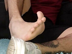 Latino Shows His Feet After Working Out in the Gym