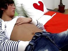 Horny twink caresses his slender body before jerking off solo