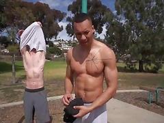 Outdoor workout leads to gay mans bottom taking a fucking