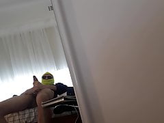 Skinny nerd college guy playing with cock
