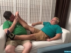 Chubby Nemo worships his master's feet to give Matt some relief