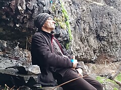 Naturbation, making a cumfall beside a small waterfall