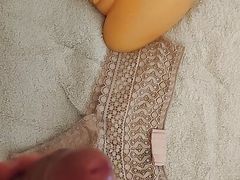 Big cumshot handjob with cum filled thong pussy dildo