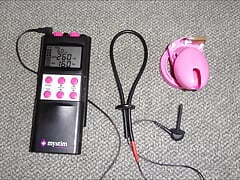 Estim cum with pink chastity cage