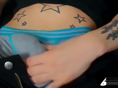 Young emo twink strokes his big uncut dick and cums solo