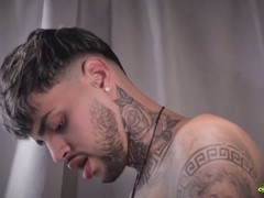 Hot tattooed stud Mike gives a magical blowjob and decorates his face with cum