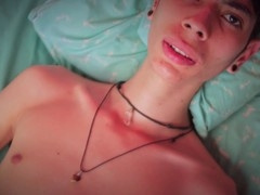 Skinny twink Magic C shows off his big cock and jerks off