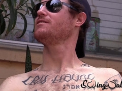 Josh drops his black boxer briefs to show off his impressive dick and hairy crotch