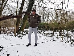 Quick pee in snowy landscape