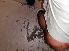 Master Ramon pisses in the stairwell with his hot cock, lick the slave!