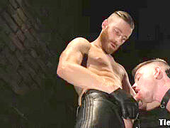 Tied up bdsm marionette deep throats tatted doms cock