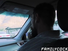 Bearded stepdad bare fucks his cute stepson on the backseat