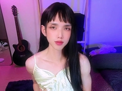 A super-cute femboy jerks in satin and can't help but ejaculation a plenty of