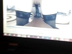 Stroking in tan pantyhose watching porn