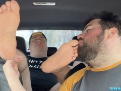 Chubby wolf Nemo adores and slobbers over buddy's feet and toes