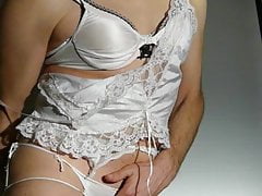 Crossdresser in silky white lingerie (Thlin1040260)