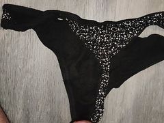 Cumshot on festival black and white thong
