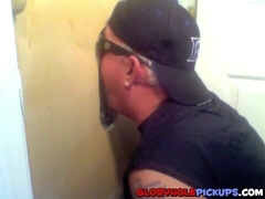 Two sexy visitors take turns for a sexy glory hole blowjob