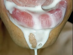 Cum in my mouth, play with your cum, and swallow it, close-up, naughty gay, tongue, sloopy