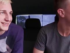 Young gay guy threesome fucked in van