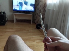 Cum shot thru manhood urethral butt-plug with penis head ring (slow-motility cum-shot)