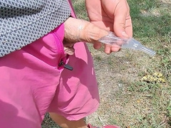 uncircumcised guy WS comp, guzzle, piss on humid cutoffs, outdoors