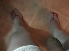 My beautiful red mules.  stockings and white babydoll
