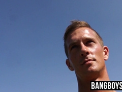 Athletic gay jock with abs rides cock outdoor and jacks off