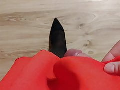 Epic cumshot in gf's red dress, black pantyhose and Heels