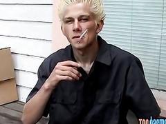 Kinky blond twink teases with his feet while smoking outdoor