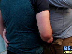 Nasty fat bear makes his cub go on knees to blow his rod