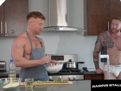 Tattooed muscle hunk gives a deep throat to ginger chef Tim James and gets a face full
